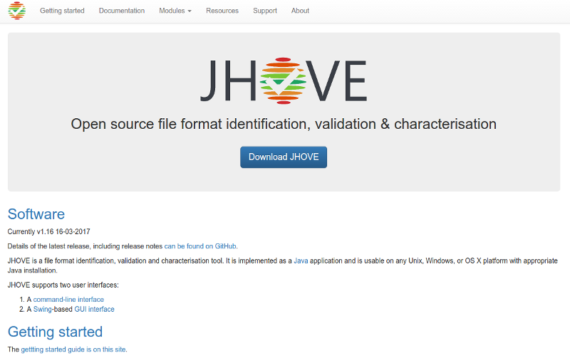 Screenshot of the JHOVE website home page