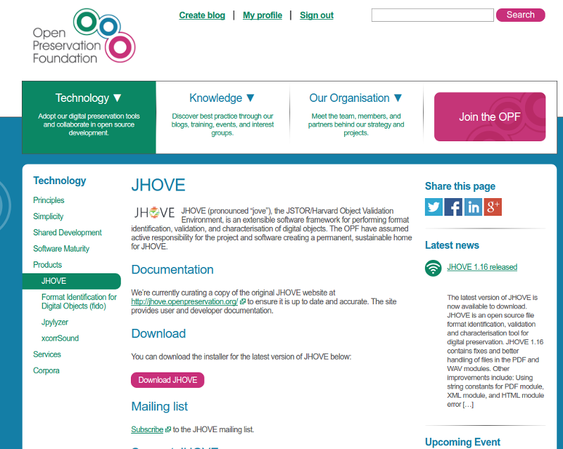 Screenshot of the Open Preservation Foundation website JHOVE product page