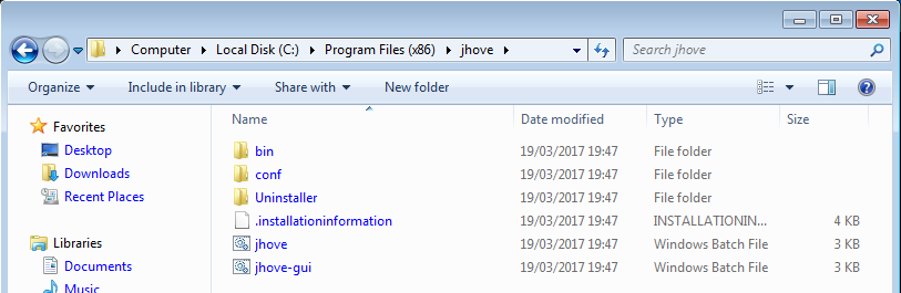 Screenshot of the Windows explorer showing the JHOVE GUI bat file