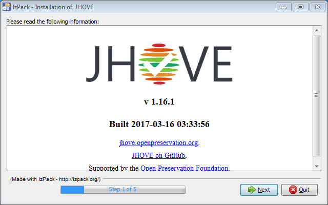 Screenshot of the JHOVE installer stage one on Windows