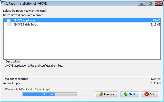 Screenshot of the JHOVE installer stage three on Windows