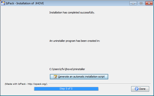 Screenshot of the JHOVE installer stage five on Windows